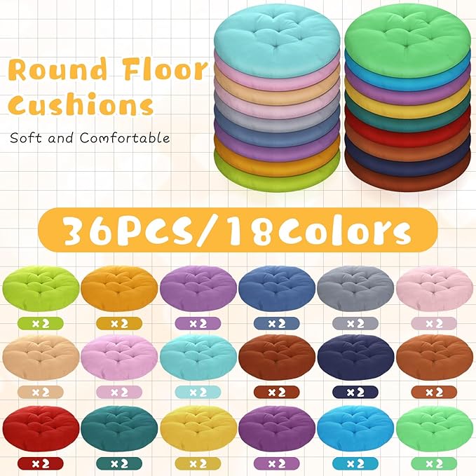 Tinideya 36 Pcs Round Floor Pillows 15.7 Inch Flexible Seating Pillows Chair Floor Cushions Reading Cushions for Kids Adults Classroom Home School Playing Supplies,18 Colors(Colorful) - Bloomnest