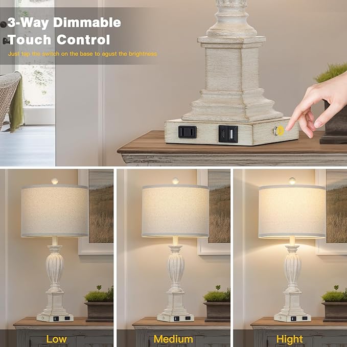 27" Farmhouse Table Lamps Set of 2 with USB C+A Ports & AC Outlet for Vintage Living Room Retro Bedroom,3-Way Dimmable Touch Lamp Resin Bedside Lamps for Nightstand Side End Table,Cream - Bloomnest