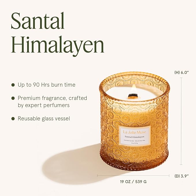 LA JOLIE MUSE Santal Himalayen Candle - Sandalwood, Fig & Amber |19 oz Large Wooden Wick Candle | Natural Soy Wax | 90 Hours Clean Burn | Gift-Ready for Hosts & Gatherings | Elegant Home Décor - Bloomnest