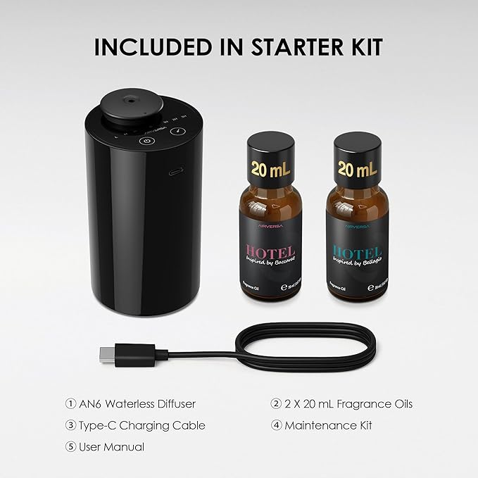 Airversa Waterless Essential Oil Diffuser Starter Kit with 2x20mL Hotel Fragrance Oils for Car Home Office, Cordless Battery Operated Scent Air Freshener Diffuser, Mist & Timers, AN6-Kit3 Black - Bloomnest