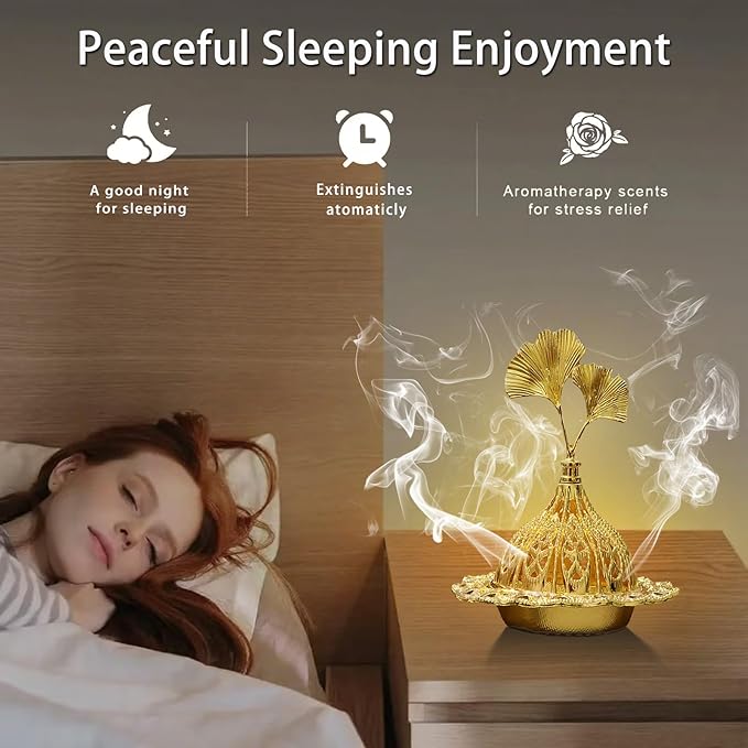 Majewel 3 in 1 Incense Holder, Vintage Incense Holders for Sticks with 9 Holes, Incense Burner Ash Catcher, Brass Incense Stick and Cone Burner for Meditation, Yoga, Home Decor (Ginkgo)