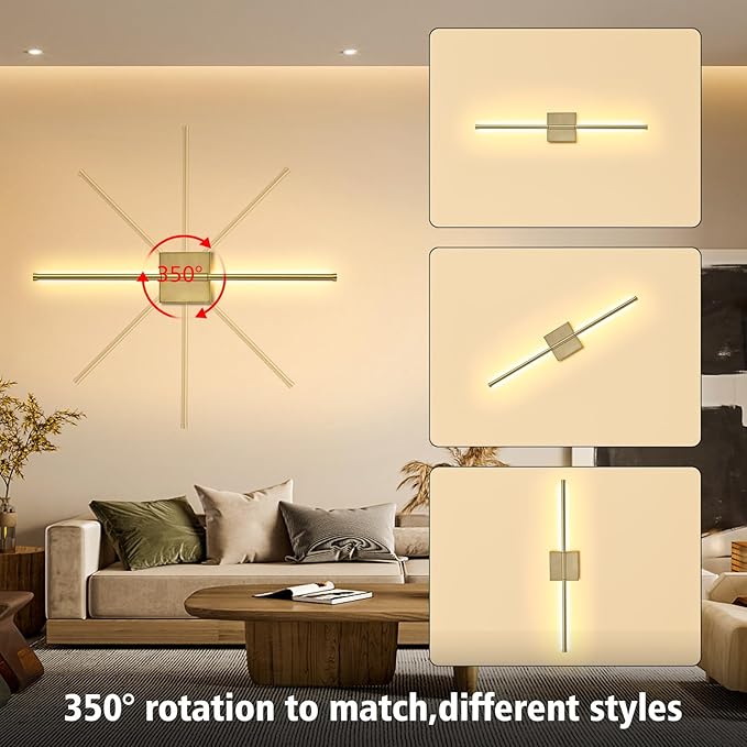 2 Pack Wall Sconces Battery Operated, Wall Sconces 3000K-6000K Dimmable Rechargeable Wall Sconce with Remote Control, 350°Rotate LED Wireless Wall Lights for Living Room, Hallway, Bedroom(Gold) - Bloomnest