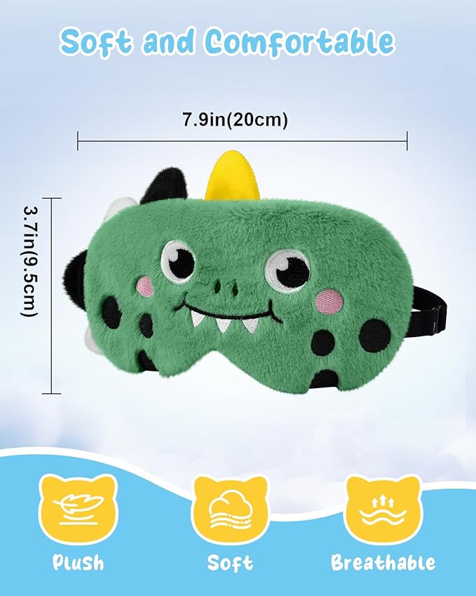 Sleep Mask for Kids - Cute Cartoon Plush Fuffy Sleeping Eye Cover Green Dinosaur Kawaii Soft Eyeshade with Adjustable Strap Animal Eye Blindfold for Kids Girls Boys Teens - Bloomnest