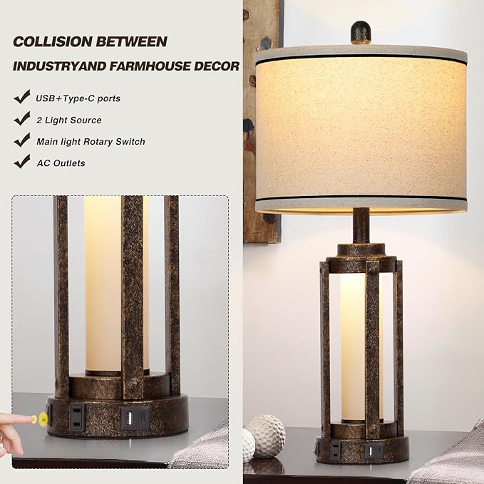 Farmhouse Industrial Lamp with USB A+C Charging Ports & AC Outlet, 26" Vintage Rustic Retro Table Lamp with Glass LED Night Light & Linen Fabric Shade for Living Room Bedrooms Single(2 Bulbs Included) - Bloomnest