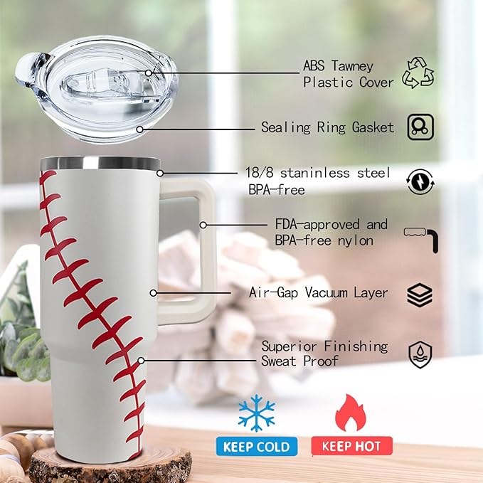 Ceovfoi 40 Oz Baseball Tumbler With Handle,Baseball Coffee Travel Mug Cup Water Bottle,Baseball Decor,Baseball Gifts for Women - Bloomnest