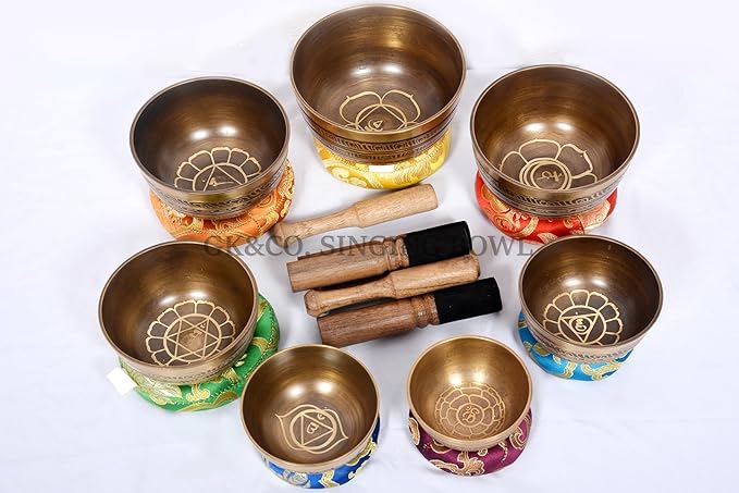 Set of 7 Chakra Etching Singing bowl- All in one- Handmade, healing bowls from Nepal-Meditation Bowl,Healing, Great for Meditation, Yoga, Sound Bath, Mindfulness, Relaxation ~ Cushion, Wooden Mallet