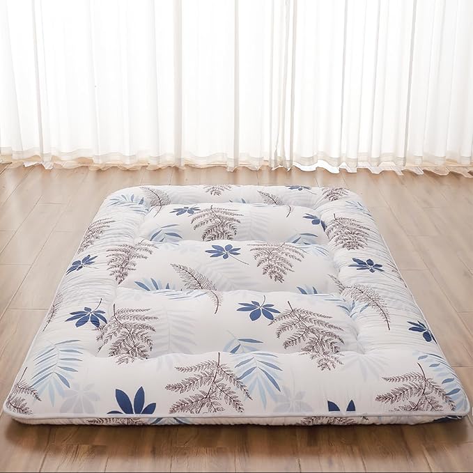 Japanese Floor Mattress, Futon Mattress with Portable Storage Bag and Washable Cover, Roll Up Thick Tatami Mat Suitable for Camping, Guest Room, White Leaf, Queen - Bloomnest