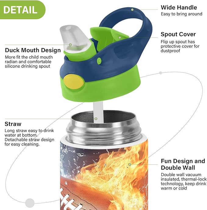 Rugby Football Fire Lightning Kids Water Bottle with Straw Lid Insulated Tumbler with Handle Stainless Steel Reusable Toddlers Cup for Kids Boys 12 oz - Bloomnest