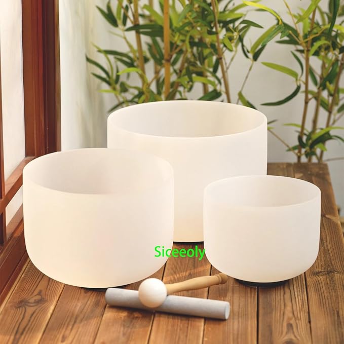 Set of 3 Singing Bowls 432HZ 8-12 inch 8"G 10"E 12"C Frosted Chakra Quartz Crystal Sound Healing Bowls with 1 Travel Carry Case Bag 1 Mallet Suede 1 Striker 3 O-rings - Bloomnest