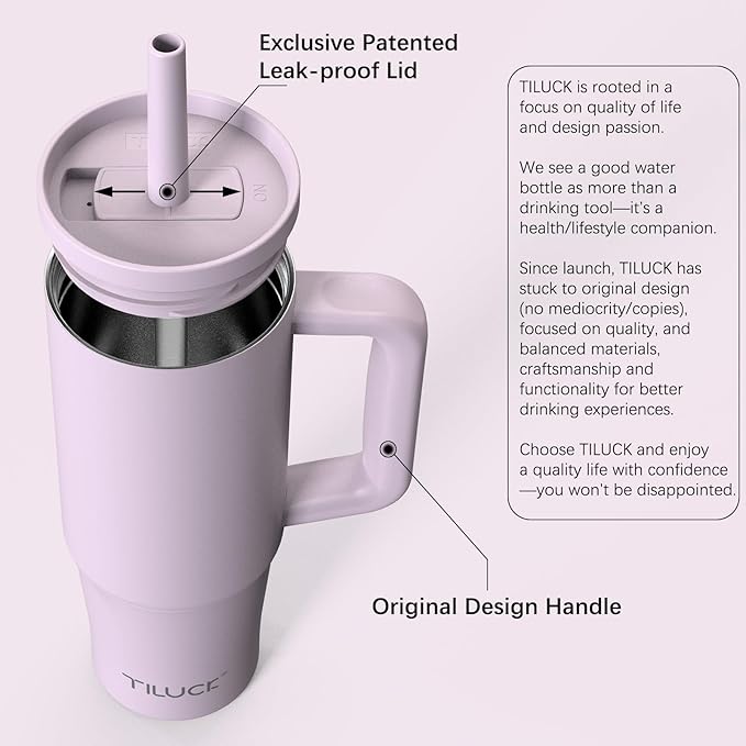 TILUCK 30 oz Tumbler with Handle, Vacuum Insulated Stainless Steel Travel Mug with 100% Leak-Proof Silicone Straw Lid, Cupholder Friendly Water Bottle(LightPurple, 30oz)