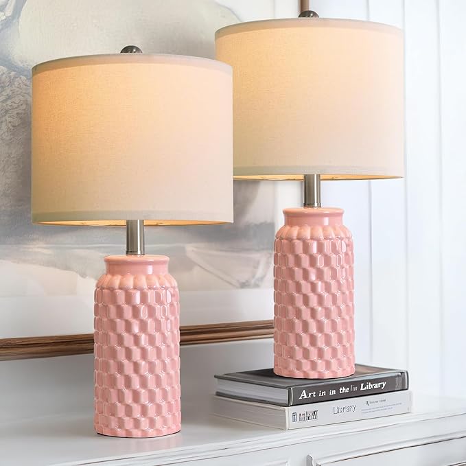 20.5" Pink Table Lamps Set of 2,Modern Farmhouse Bedside Lamps - Ceramic Nightstand Lamps for Bedroom,Boho Living Room End Tables,Small Office Desk Lamp - Bloomnest
