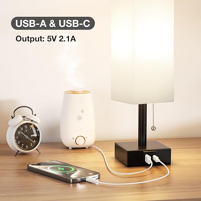 White Small Table Lamp for Bedroom - 3 Color Temperature 3000K 5000K 4000K Bedside Lamp, Pull Chain Control, USB A and C Charging Ports, Black Base, for Kids Office Dorm Nightstand, Bulb Included - Bloomnest
