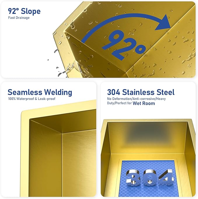 Stainless Steel Shower Niche 24" X 12" Gold No Tile Needed Horizontal Niche Shower Recessed Wall Niches for Bathroom Storage Over Mount Installation - Bloomnest