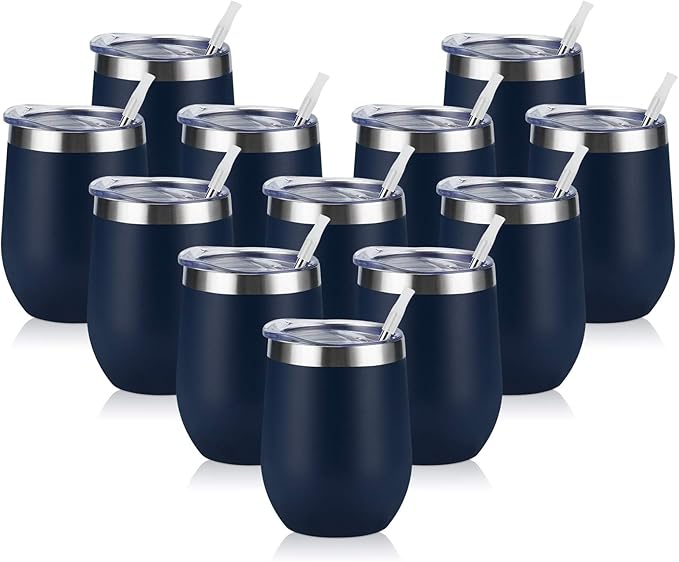 12 Pack Stainless Steel Wine Tumblers, 12Oz Double Wall Vacuum Insulated Wine Tumblers with Lids and Straws, Stainless Steel Stemless Wine Glasses for Coffee, Wine, Cocktails, Champaign, Navy Blue… - Bloomnest