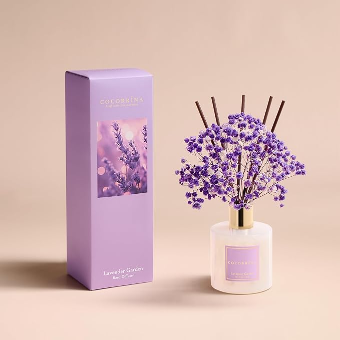 COCORRÍNA Reed Diffuser - Lavender Garden 6.7 Fl.oz Reed Diffuser Set with Sticks & Preserved Baby's Breath, Reed Diffuser for Home Bathroom Shelf Decor - Bloomnest