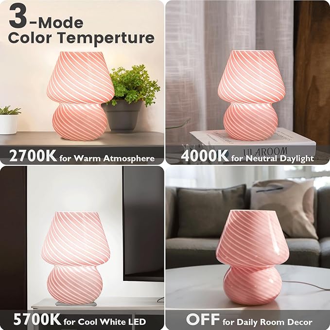 Dorm USB Plug-in Mushroom Lamp Small Bedside Table Lamp with 3 Temperature LED Bulb, Free Dimming Nights Light for Bedroom/Living Room/Entryway/Corner/Table Decor (Stripe Pink) - Bloomnest
