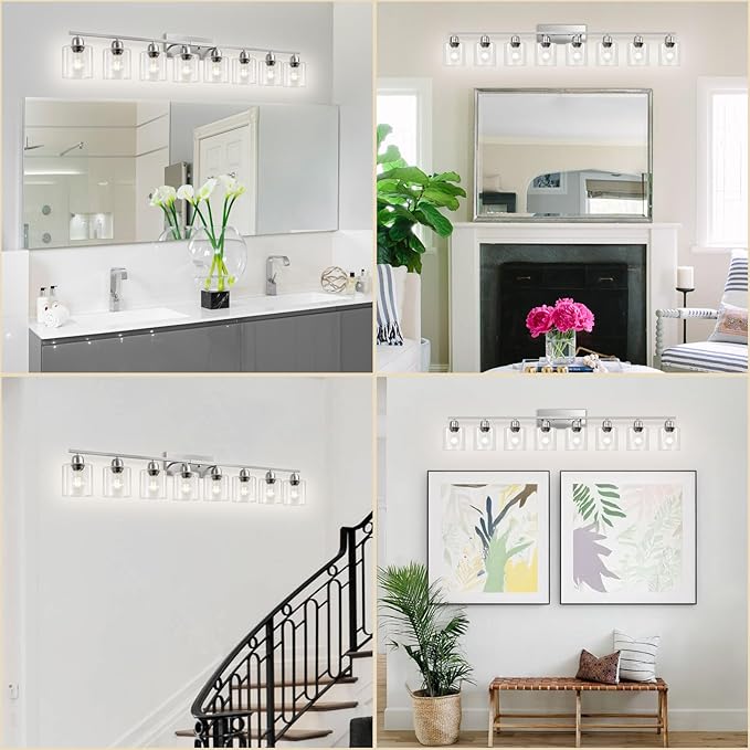 Modern Brushed Nickel 8 Light Bathroom Light Fixtures,52 inch Vanity Lights for Bathroom with Clear Glass for Mirror Kitchen Living Room Hallway Cabinet Porch - Bloomnest