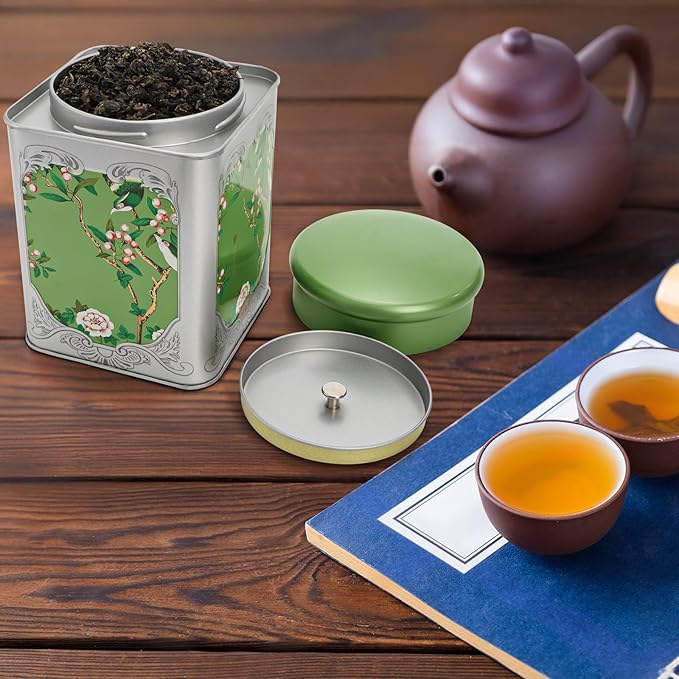 3 Pack Airtight Tea Tin Canister, 38 OZ Tinplate Empty Loose Tea Box, Chinese Style Jar with Double Lids, Matcha Tin Containers, Vintage Square Coffee Canisters for Candy Nut Spice Kitchen
