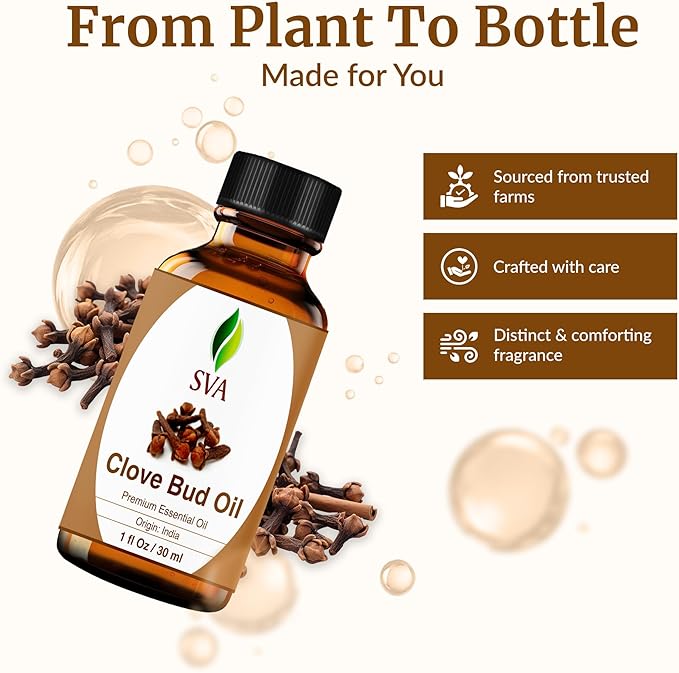 SVA Clove Essential Oil Organic – 4 Fl Oz – 100% Natural Organic Clove Oil - for Diffuser, Hair Care, Face, Skin Care, Aromatherapy, Scalp and Body Massage, Soap and Candle Making - with Dropper - Bloomnest