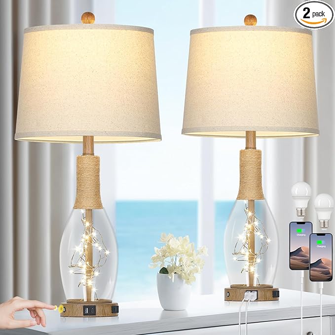 28" Boho Glass Table Lamps Set of 2, Touch Control Bedside Lamps with 2 USB Ports and Outlet, Rattan Lamp with Night Light for Nightstand Living Room Bedroom, 2 LED Bulbs Included, Wood - Bloomnest