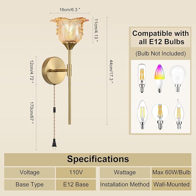 Plug in Gold Wall Sconce Set of 2 with Amber Glass Shades, Modern Mid Century Bathroom Vanity, Wall Light Fixtures, Brushed Brass Wall Lamp, for Bedroom Mirror Living Room, ETL Listed - Bloomnest