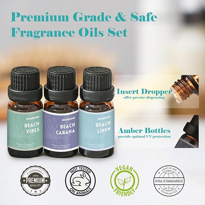 AmaKane Fragrance Oils, Beach Fragrance Oil for Candle Making, Soap Making Scents, Summer Essential Oils for Diffusers for Home 6x10 ml, Beach Linen, Salty Sea, Sunset Glow and More - Bloomnest
