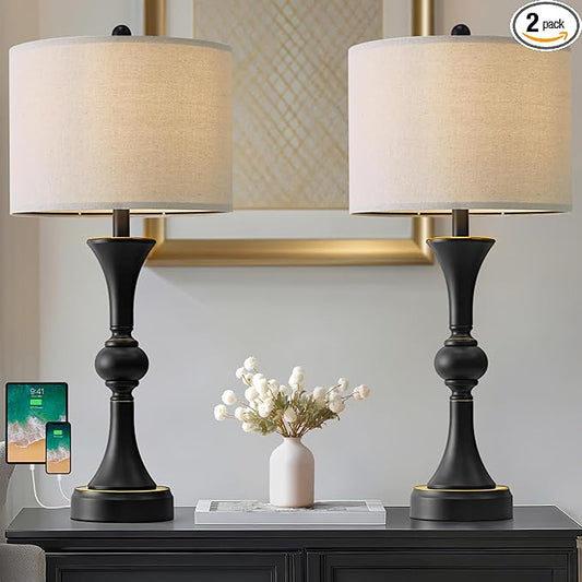 Oneach 28" Modern Table Lamps Set of 2 for Living Room, Bedside Lamps with USB Ports, Black Nightstand Lamps Set for Bedroom Farmhouse Lamp End Table Lamps (Bulbs not Included) - Bloomnest