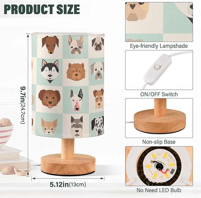Table Lamp Cartoon Dog Head in Grid Nightstand Lamp with Wood Base Fabric Lamp Shade Bedside Desk Lamp for Living Room Bedroom Kids Room Office - Bloomnest