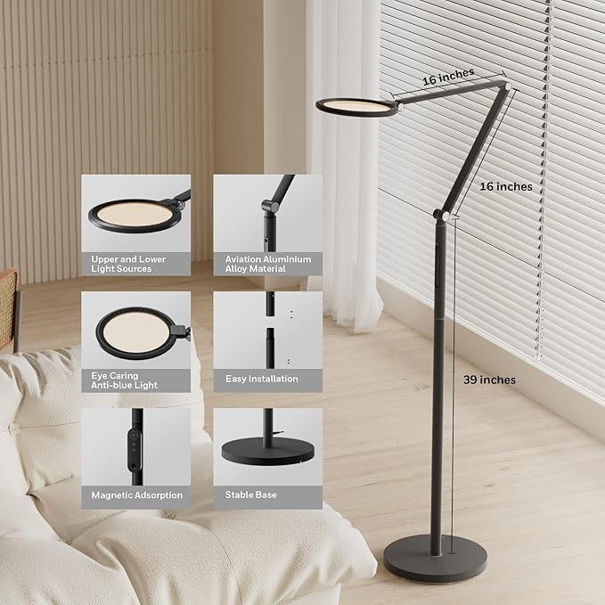 Honeywell LED Floor Lamp - F01BK Sunturalux™ Eye Caring Dimmable Standing Light with Remote,Bright Natural Daylight 5 Colors & 5 Brightness Adjustable Tall Lampara for Home Office Living Room Bedroom - Bloomnest