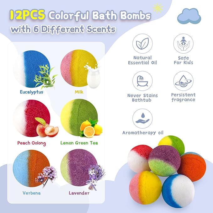 Bath Bombs for Kids, 12pcs Bath Bombs with Surprise Crystal Toys Inside, Handmade Natural and Organic Bubble Bath Fizzies, Birthday Easter Gift for Girls and Boys - Bloomnest