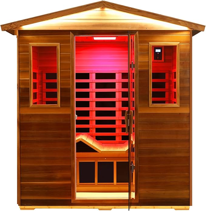 Red Cedar Ultra Low EMF Far Infrared Outdoor Sauna 3 Person with Ergonomic Seat, Mid-IR Beauty Lamp, 1950 W, 7 Infrared Carbon Plate Heaters, Chromotherapy Lamp, Reading Lamp, Bluetooth Speaker KUNSANA