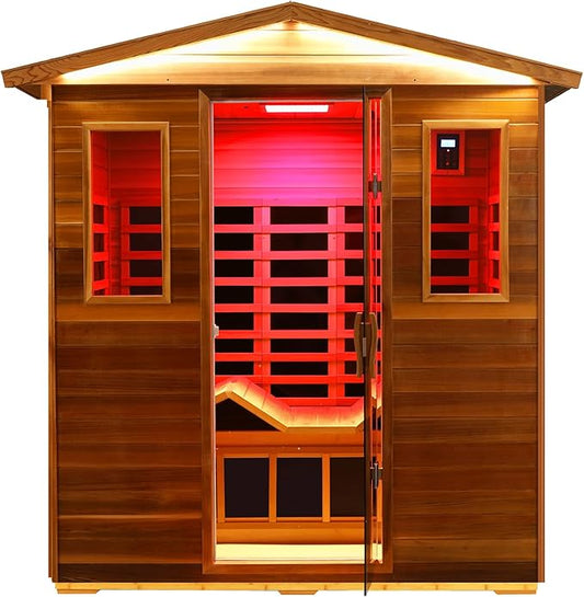 Red Cedar Ultra Low EMF Far Infrared Outdoor Sauna 3 Person with Ergonomic Seat, Mid-IR Beauty Lamp, 1950 W, 7 Infrared Carbon Plate Heaters, Chromotherapy Lamp, Reading Lamp, Bluetooth Speaker KUNSANA