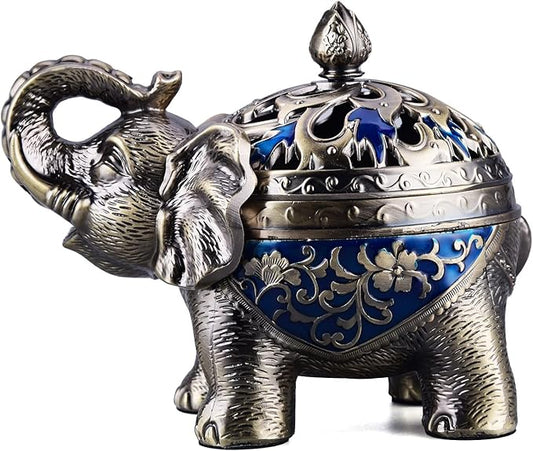 K COOL Metal Backflow Incense Holder Elephant Cone Incense Burner Candle Holder with Lid, Aromatherapy Ornament Home Office Decoration for Indoor Outdoor (Navy Blue) - Bloomnest