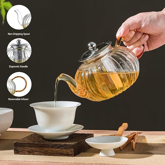 Glass Teapot 33.8oz/1000ml, Glass Tea Kettle with Removable Infuser, Pumpkin Shape Hand Blown Teapot for Blooming Flower Tea and Loose Leaf, Tea Lover's Choice - Bloomnest