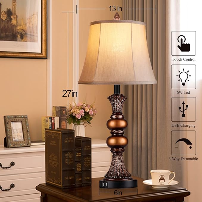 Set of 2 Touch Control Traditional Table Lamp, 27" H Bedside Lamps with 2 USB Charging Ports, 3-Way Dimmable Bronze Finish Large Nightstand Lamps with Bell Faux Silk Shade for Living Room, Bedroom - Bloomnest