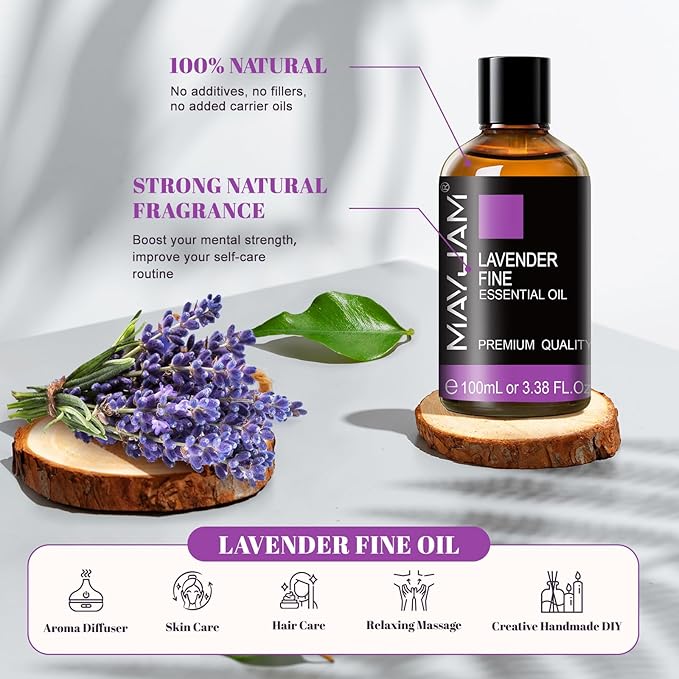 MAYJAM Lavender Fine Essential Oils 3.38 FL.OZ Pure Lavender Fine Oil for Massage Skin Care Hair Care Diffuser Candle and Soap Making - 100ml - Bloomnest