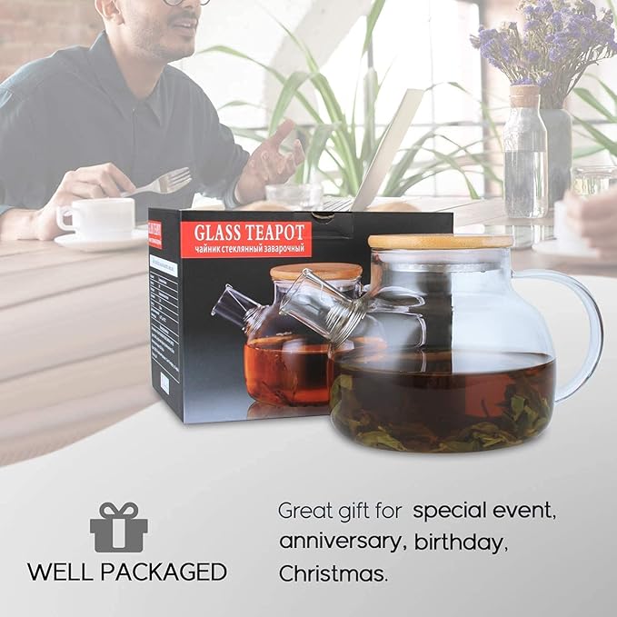 CnGlass Glass Teapot Stovetop Safe,40.6oz Clear Tea pot with Removable Filter Spout,Loose Leaf and Blooming Tea Maker