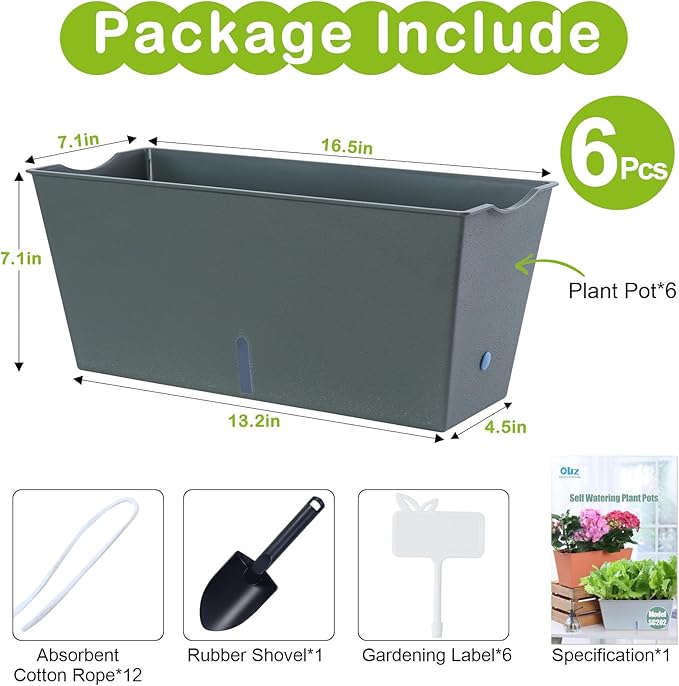 Window Box Planter 6 Pcs, 16.5 Inches Self Watering Rectangle Flower Plant Pots with Drainage Holes Trays, Vegetable Planters for Windowsill Patio Garden Balcony Porch Yard (Dark Green) - Bloomnest