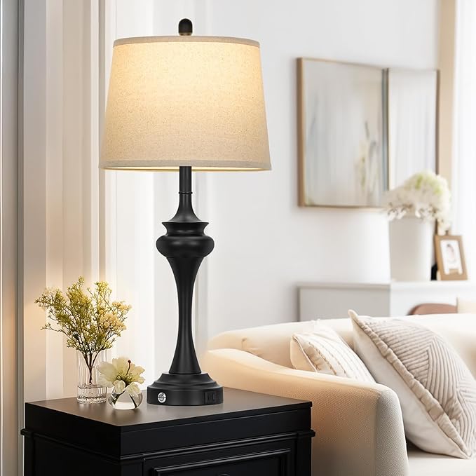 30" Black Tall Table Lamps for Living Room, Touch Control Bedside Lamp with USB A+C Ports, 3-Way Modern Bedroom Table Lamps Set of 2, Elegant Metal Lamp for Nightstand Desk Side Table Office - Bloomnest