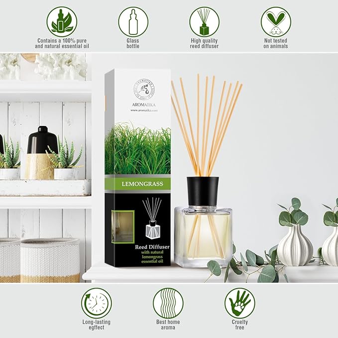 Room Fragrance Diffuser Lemongrass 6.8 Fl Oz - 200ml - with Bamboo Sticks - with Pure & Natural Lemongrass Essential Oil - Intensive Room Scent - Diffuser Gift Set - Bloomnest