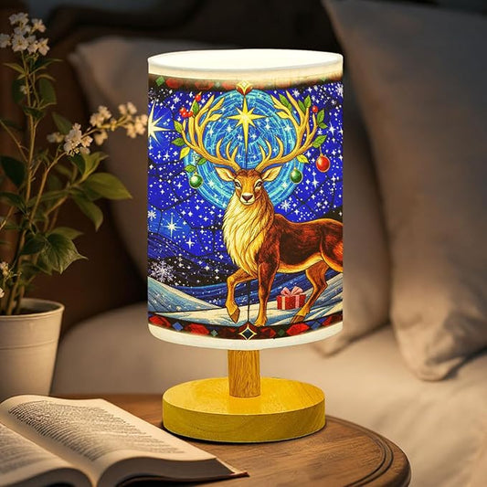 Reindeer Table Lamp LED 3-Color Pressed Bedside for Merry Christmas, Reindeer Shade Christmas Table Lamp with Wood Base for Bedroom Living Room Desk Office - Bloomnest