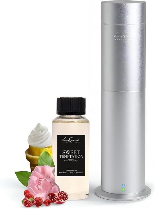 Aroma Scent Diffuser Starter Kit for Up to 1000SQ. FT. Coverage - 120ML Waterless Essential Oil Scent Included - Luxury Aroma Diffuser Ideal for Home, Office & Hotel (Silver, Sweet Temptation) - Bloomnest