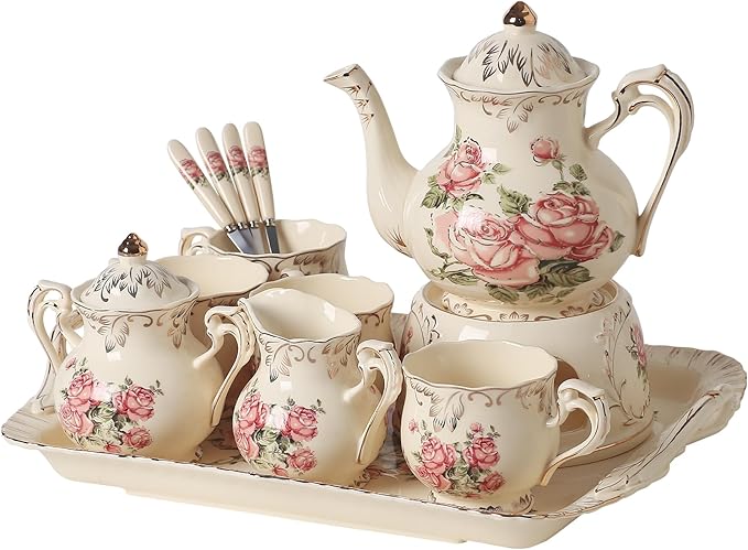 Ceramic Tea Set, 4 Cups and Spoons, One Sugar Bowl, One Milk Kettle, One Storage and Removeable Tray, Pink Rose - Bloomnest