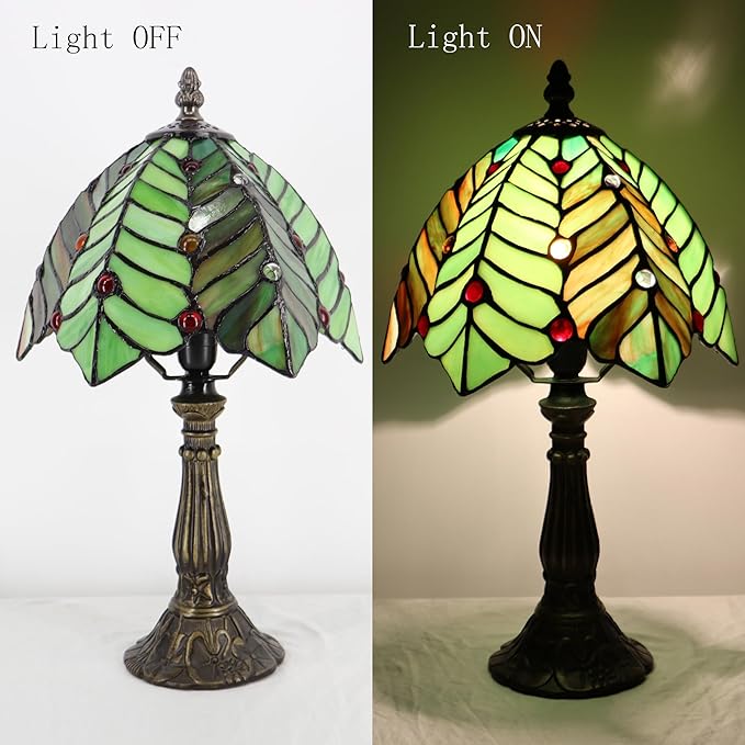 Small Tiffany Lamp Mini Accent Table Lamp Stained Glass Desk Memory Lamp Sympathy 8X14.5 Inch (Brown Green Leaf) - Bloomnest