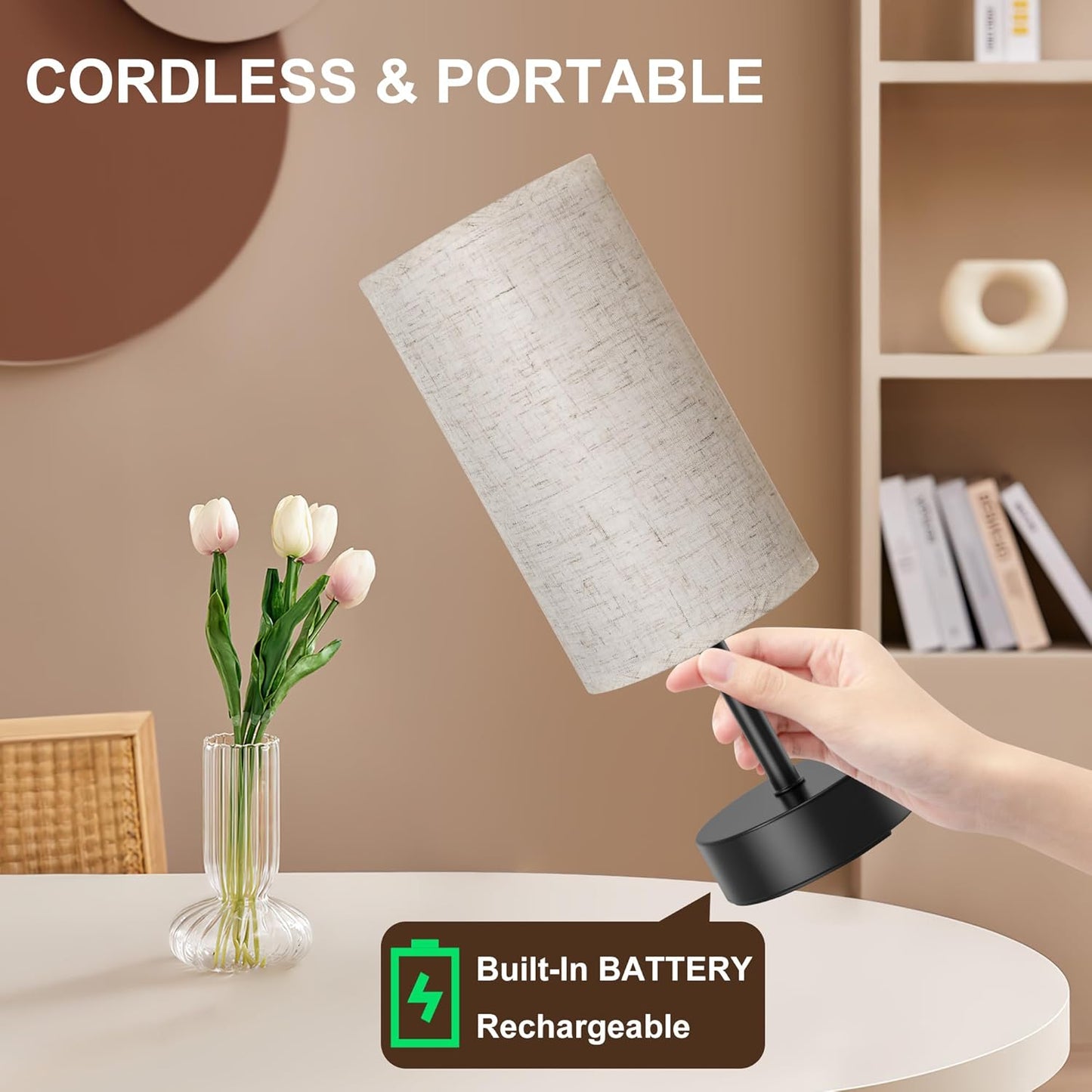 ROTTOGOON Cordless Table Lamp Touch Control Dimmable Small Bedside Table Lamps with Oatmeal Fabric Shade 5000mAh Rechargeable Battery Powered Desk Lamp for Bedroom,Home,Office,Dorm-Black