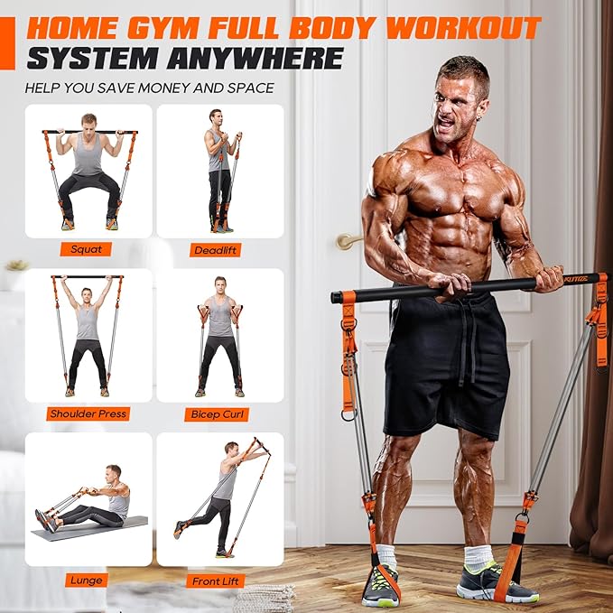 Pilates Bar Kit with Resistance Bands, Heavy Duty Pilates Equipment for Men, Strength Training Bar for Legs, Hip, Back, Arm, Abs, Chest, Shoulders, Portable Home Gym Full Body Workout Equipment - Bloomnest