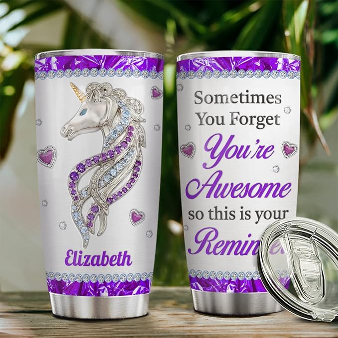 wowcugi Unicorn Tumbler Personalized Sometime You Forget You're Awesome Tumblers Jewelry Drawing Style Stainless Steel Insulated Tumblers 20oz 30oz Coffee Travel Mug Cup With Lid Gifts For Women - Bloomnest