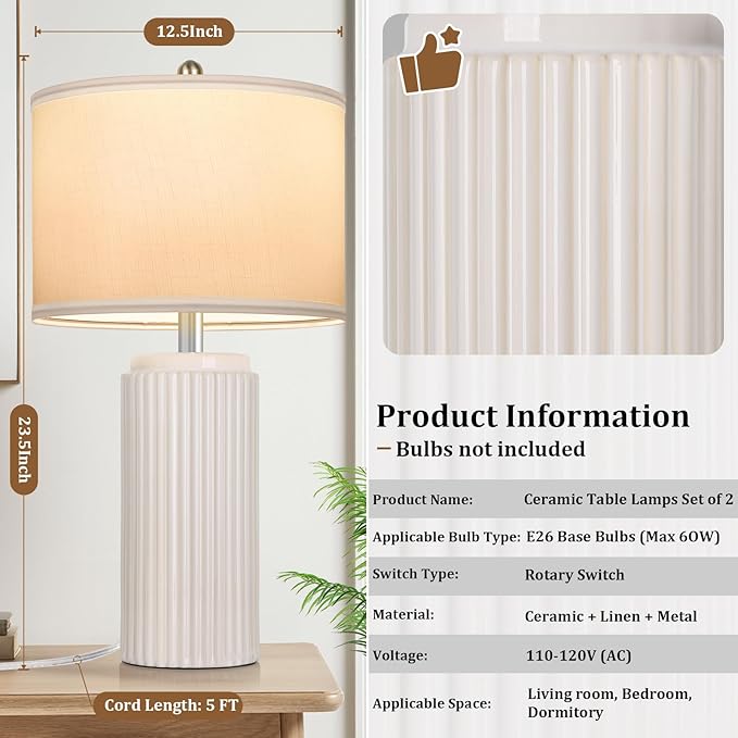 23.5’’ Beige Modern Ceramic Table Lamps Set of 2 for Living Room, Farmhouse Bedside Lamps with Upgraded White Linen Shade, Rustic Nightstand Lamps for Bedroom Home Office, Vintage End Table Dorm - Bloomnest