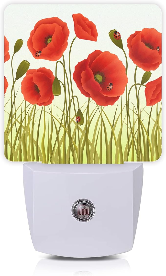 Red Flowers Night Light,Red Poppy Flowers and Ladybugs Plug-in Night Lights with Dusk-to-Dawn Sensor for Stairway/Hallway/Bedroom Sleep Friendly lamp for Women/Girls/Boys Gift,0.5W - Bloomnest