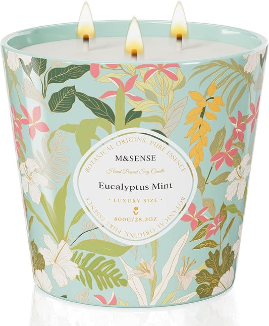 M&SENSE Eucalyptus Mint Scented Candle, 28.2oz 3 Wick Natural Soy Wax Large Candles, Long Lasting Clean Slow Burning No Toxic Décor for Home Relaxation, Romantic Dates Gift-Giving - Bloomnest